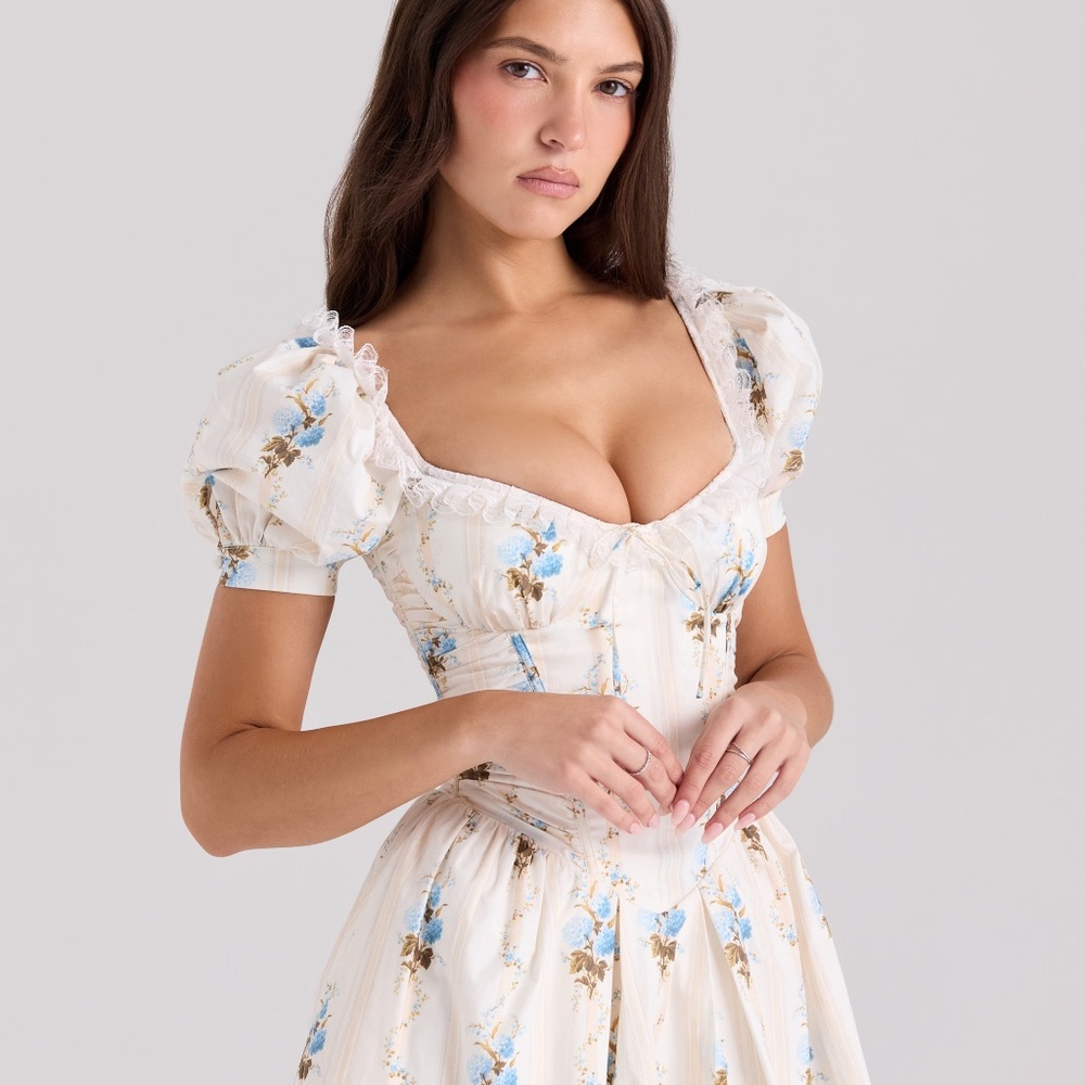 ISSA - Cream Floral Print Cotton Mini Dress - Picture 2 of 6